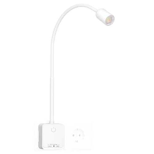 PRINCEWAY Lampara de Lectura Aplique Mesita de Noche Pared Foco LED Interior con Enchufe, Interruptor Táctil Regulable, 3 Modos de Color, Ángulo de Luz Foco 50°, Puertos de Salida USB