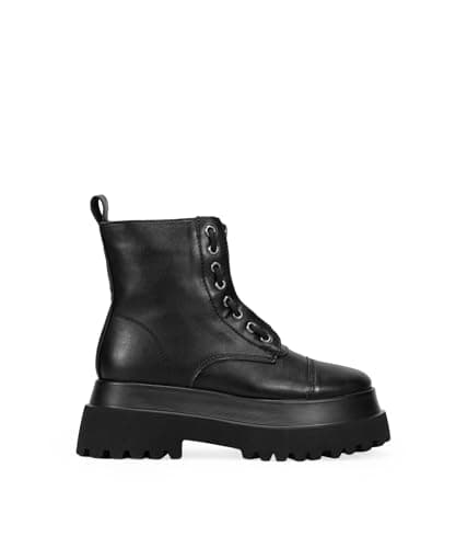 BOSANOVA Botas Militares de caña Baja con Cremallera Central, Detalle de Cordones y Suela Track de 6,5 cm. Cierre con Cremallera. Calzado para Mujer Negro 38