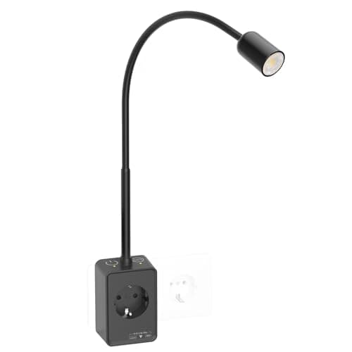 PRINCEWAY Lampara Aplique de Pared Mesita de Noche Negra, Lectura Foco LED Regulable con Enchufe y Toma de Corriente, Dos Interruptores Táctiles, 3 Modos Colore de Iluminación, Salida USB