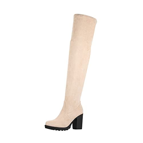 Elara Botas Mujer Overknee High Heels Tacón Alto Chunkyrayan E4835 Beige-36