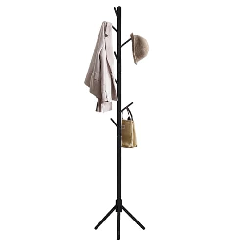Perchero De Pie Madera de Haya Negro Con 8 Ganchos Estilo Árbol Minimalista | Colgador Ropa Sombreros Bolsos Fácil Montaje | Organizador Entrada Dormitorio Salón Oficina Compacto Estable Ligero