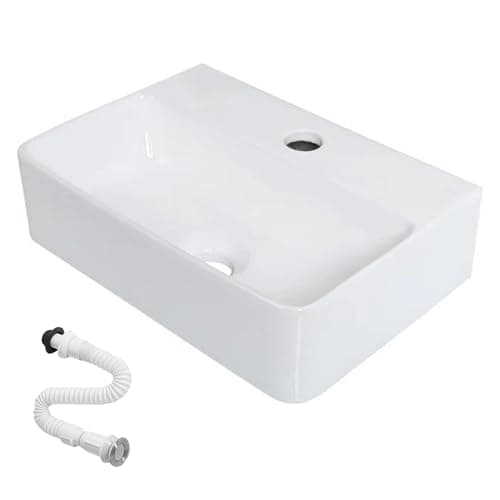 Lavabo de Cerámica, Lavamanos Blanco de Aseo Anti-manchas, Lavabo sobre encimera para Baño, Fácil de Limpiar y con Conexiones Estándar. Ideal para Cocina o Baño. (36,5x25,5x10,5 CM)