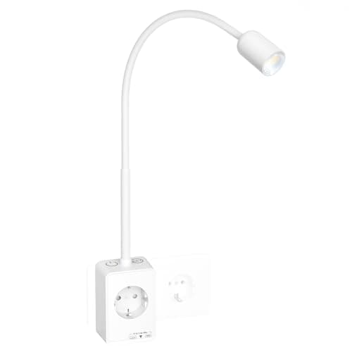 PRINCEWAY Lampara de Lectura Foco LED Regulable con Enchufe y Toma de Corriente, Blanca Aplique Mesita de Noche Pared para Dormitorio, Dos Interruptores Táctiles, 3 Modos de Color, Salida USB