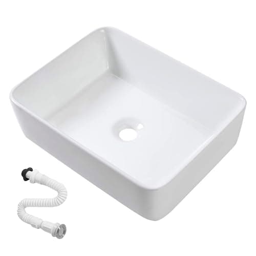 Lavabo de Cerámica, Lavamanos Blanco de Aseo Anti-manchas, Lavabo sobre encimera para Baño, Fácil de Limpiar y con Conexiones Estándar. Ideal para Cocina o Baño. (47,5x36,5x13 CM)