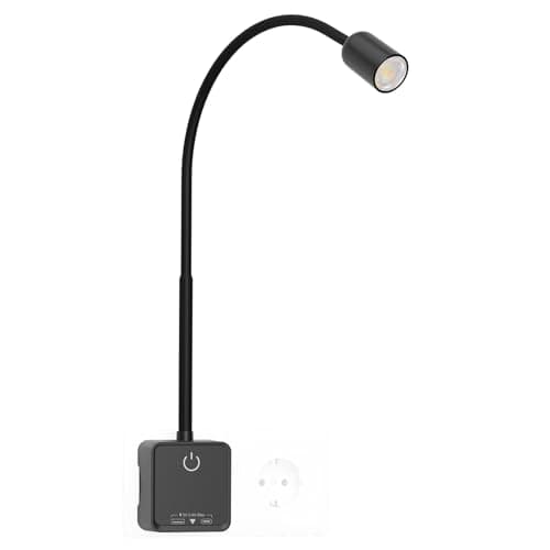PRINCEWAY Luz de Lectura LED Regulable, Lámpara Aplique de Mesita de Noche de Pared LED Negra con Enchufe para Dormitorio, 3 Modos de Color Iluminación, Ángulo Luz Foco 50°, Puertos de Salida USB