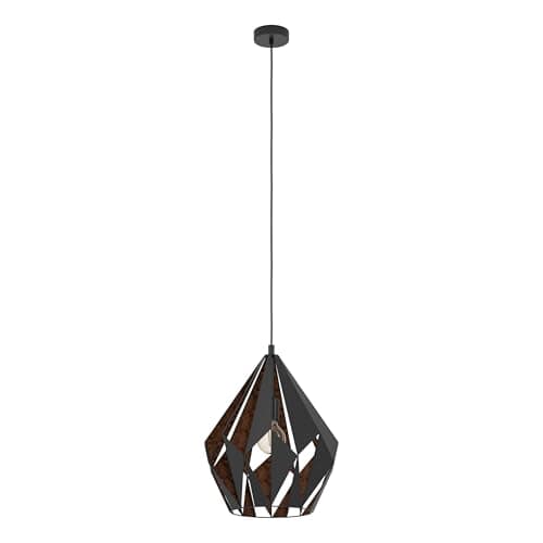 Eglo Lámpara colgante CARLTON 1, lámpara de suspensión con 1 bombilla, lámpara suspendida retro de acero, color negro, cobre, casquillo E27, diámetro 38,5 cm