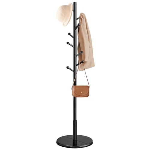 VASAGLE Perchero, Madera Maciza, en Forma de Árbol, 8 Ganchos para Chaquetas, Sombreros, para Pasillo, Ganchos y Barra de Soporte de Madera de Caucho, Negro Tinta RCR007P33