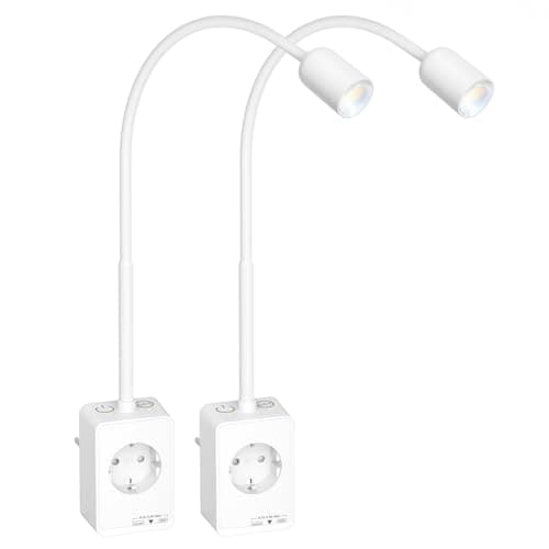 PRINCEWAY Lámparas Foco LED Mesita Noche Lectura de Pared Táctil Blanca con Enchufe y Toma de Corriente y Puertos USB, 2 Pack Luz de Aplique LED con Dos Interruptores, 3 Color de Iluminación