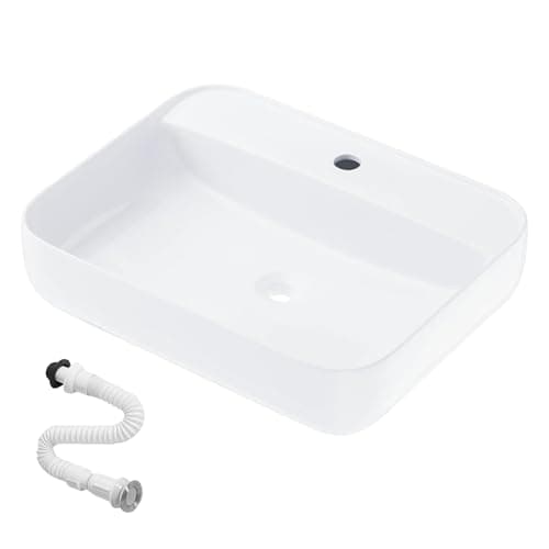 Lavabo de Cerámica, Lavamanos Blanco de Aseo Anti-manchas, Lavabo sobre encimera para Baño, Fácil de Limpiar y con Conexiones Estándar. Ideal para Cocina o Baño. (50x40x14 CM)