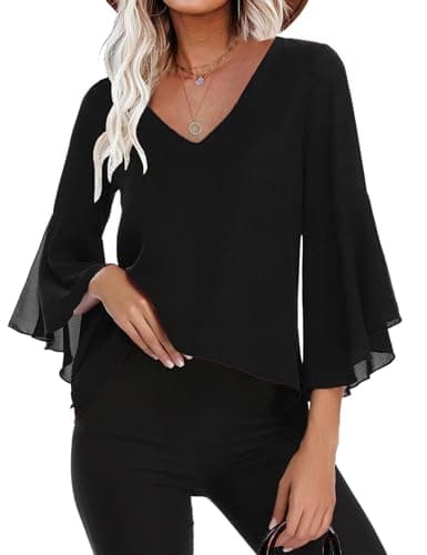 Gyabnw Blusas de Gasa para Mujer Elegante 3/4 Manga Cuello V Camisa Chiffon Acampanadas Ligero Tops para Primavera Verano Otoño