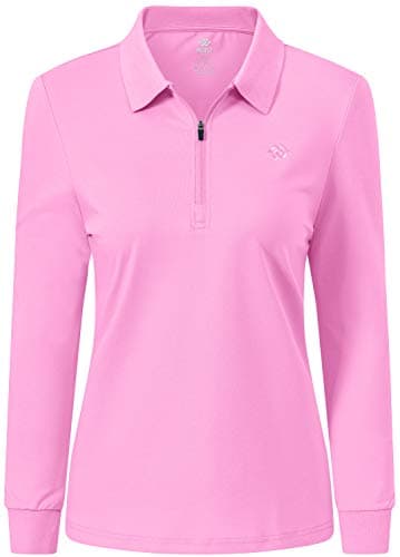 AjezMax Polo Mujer Camiseta Manga Larga Deportes Algodón Polo Trabajo Tenis Golf Tops con Cremallera Rosa XS