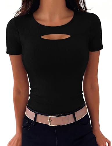 Aottori Tops Verano Mujer Camiseta Básica Manga Corta Cuello Redondo Acanalada Camiseta Corte Cut out Ajustado Estirado Top Pullover Tunica Negro S