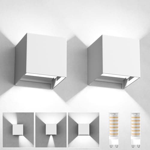 YrgePowk Aplique Pared Interior Blanco Frío 6000K, 2 Piezas Lampara de pared Con G9 LED Bombillas Reemplazables Moderno Aplique Pared Exterior Impermeable IP65 Ángulo de haz Ajustable Blanco