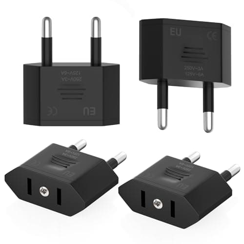 Clomnpe 4 Piezas Adaptador Enchufe Americano a Europeo, Adaptador Enchufe USA a España, Compacto, Fácil de Transportar y Usar, Adecuado para Viajes de EE.UU./Canadá/Japón/Asia a España/Europa-Negra