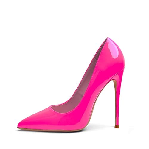 Zhabtuc Mujer Zapatos de Tacón de Charol 12 CM Sexy Stilettos con Punta Aguda Cerrada Tacón de Aguja Rosa Neón para Fiestas, Bodas, 37 EU