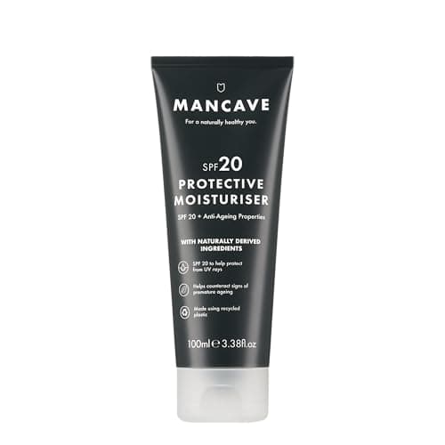 ManCave Crema Hidratante Facial Hombre SPF 20, 100 ml – Crema Antienvejecimiento con Aceite de Escaramujo y Vitamina E – Protección Solar, Antiedad, Natural, Vegana, Fabricada en Reino Unido