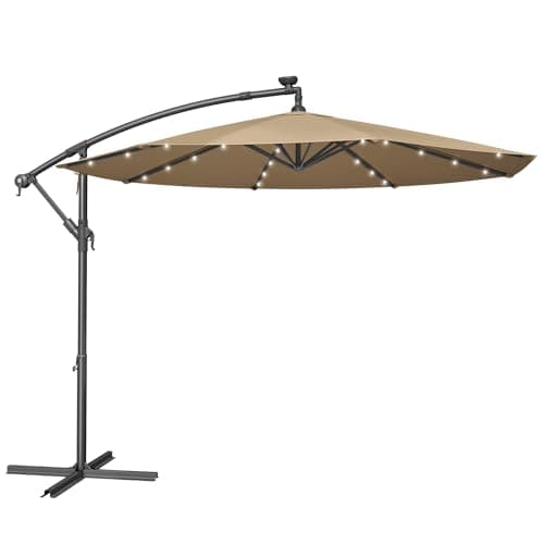 SONGMICS Sombrilla para Balcón con Iluminación LED Solar, Brazo de 300 cm de Diámetro, 32 Luces, con Base, Parasol UPF 50+, con Manivela, para Terraza, Jardín, Topo GPU118K01