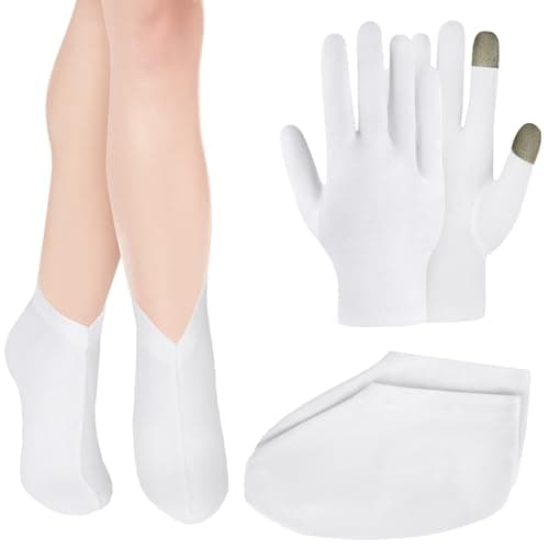 BUTBU Guantes Hidratantes Durante La Noche, 1 Pare Guantes Algodon Dermatologicos con 1 Pare Calcetines, para Manos Secas Eccema Guantes De Tratamiento De Spa De Manos, Blanco