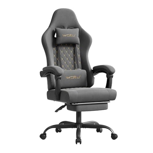 WOLTU Silla Gaming Ergonómica, Silla Oficina con Soporte Lumbar Masaje y Reposapiés Extraible, Silla Giratoria con Gran Asiento de Muelle, Capacidad de 150 kg, Tela Sintética, Gris+Amarillo