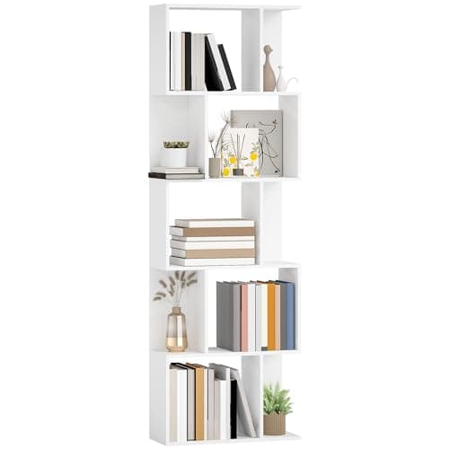 HOMCOM Librería de 5 Niveles, Estantería para Libros en Forma de S con 10 Estantes, para Sala de Estar, Dormitorio, Estudio, Oficina, 60x24x184,5 cm, Blanco