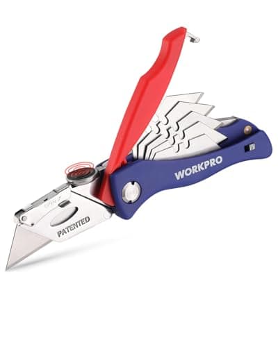 WORKPRO Cúter Plegable, Cortador Profesional Plegable para Uso General, Cutter de Mecanismo de Cambio Rápido, con 5 Cuchillas SK5 de Repuesto