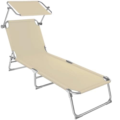 tectake® Tumbona Plegable con Toldo y Respaldo Regulables, para Piscina con Reposacabezas y Parasol, Tumbona Playa Resistente a la Intemperie, Tumbonas Jardín Exterior, Carga Máx. 110 kg - Beige