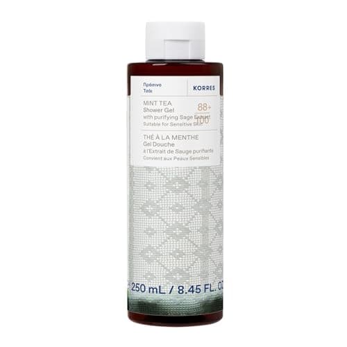 KORRES MINT TEA Gel de ducha con extracto de salvia purificante, con aroma revitalizante a menta, el baño y el afeitado, testado dermatológicamente, vegano, sin siliconas ni parabenos, 250 ml