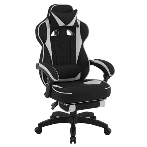 WOLTU Silla Gaming, Transpirable Tela Silla ergonómica, Sillon de Oficina con Reposabrazos, Cojin Cabeza y Apoyo Lumbar, Silla Oficina Gran Respaldo y Asiento, Tejido sintético, Negro+Gris, GS02gr