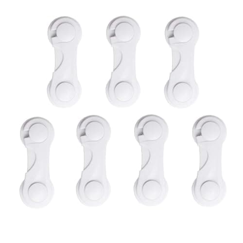 OARCO Cerrojo para puerta de bebé, para armario, cajón, protección infantil, para cajones, cerrojos, versión actualizada para muebles, cocina, fuerte adhesivo, sin taladrar (7 unidades blancas)