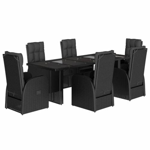 vidaXL Set de Comedor de jardín 7 pzas y Cojines ratán sintético Negro, Juego de Comedor de Exterior, Muebles de Comedor de jardín, Mesa y sillas de jardín