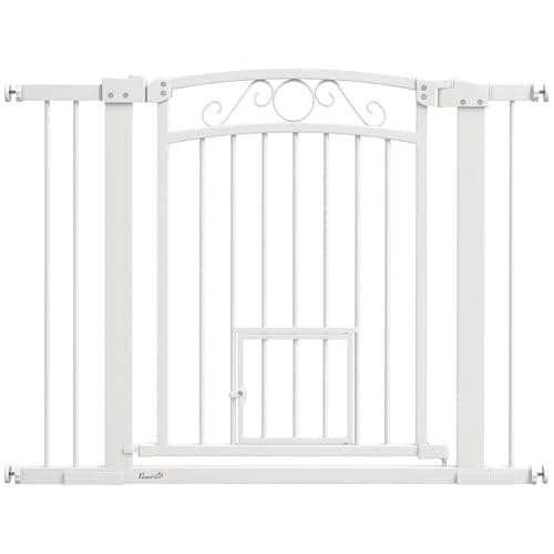 PawHut Barrera para Perros con Cierre Automático, Puerta para Perros 76-104 cm, Barrera de Seguridad con 2 Extensiones 7/14 cm, Fácil Montaje, Doble Bloqueo, para Escaleras y Puertas, Blanco