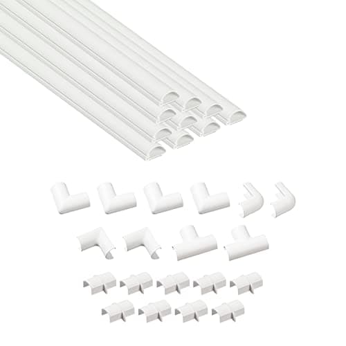 D-Line Canaleta para Cables 20x10mm Multipack 4m, Perfil Semicircular, Cubrecables Autoadhesivo Pintable para Gestión de Cables – 10x 40cm con Accesorios – Blanco