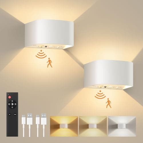 FULEN Lámpara de Pared con Sensor de Movimiento y Control Remoto, 3 Colores, luz de Pared Inalámbrica LED,Aplique de Pared Arriba y Abajo,Batería Recargable de 5000mAh,Brillo Ajustable,Blanco 2 Piezas