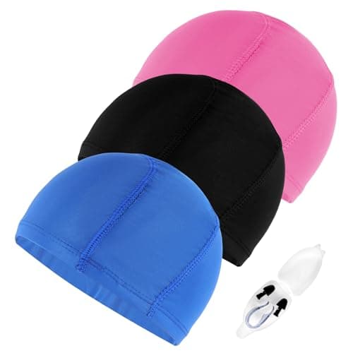 TPTGIAR 3 Piezas Gorros de Natación Elásticos, Gorros de natación para Hombres y Mujeres con Clip Nasal y Tapones, Tejido Cómodo