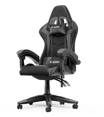 bigzzia Silla Gaming,Silla Ergonómica Gaming,Altura Regulable Silla con Apoyo Lumbar y Reposacabezas, Respaldo Inclinable hasta 155° (NingúN RGB, Gris)