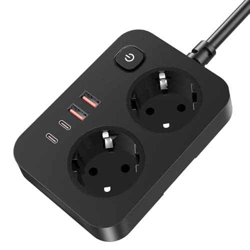 EYMUOBC Regleta 6-en-1 con USB-C Carga Rápida 20W y Protección Sobretensión, 2 Enchufes con Interruptor y 4 Puertos USB, Cable Alargador 2m, para Casa, Oficina y Viajes