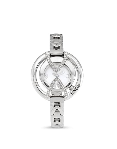 UNO de 50, Reloj de Diseño Creativo, Bañado en Plata con Correa Metálica, Esfera Doble con Topacios, Joya Artesanal