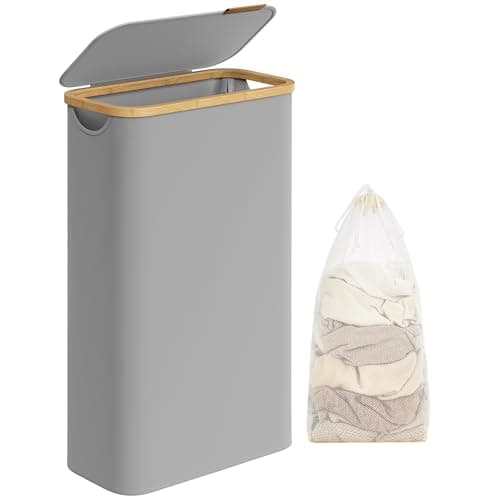 SONGMICS Cesto de Ropa Sucia con Tapa, Cesta Ropa Sucia Delgada, 65 L, Ahorra Espacio, Forro de Malla Extraíble, Tejido Oxford, Asas Bambú, Plegable, 42 x 22,5 x 70,5 cm, Gris Paloma LCB506G01