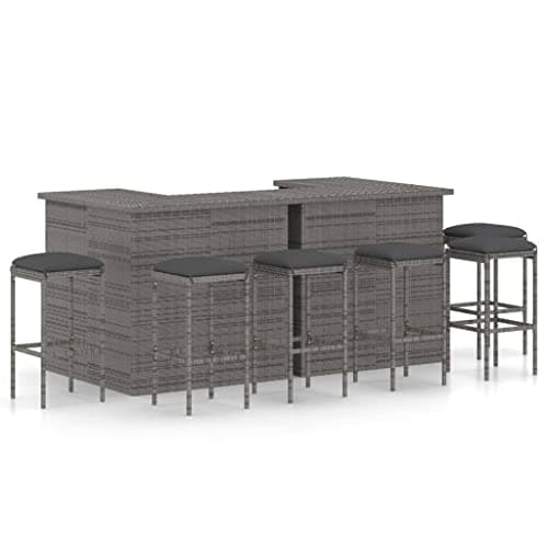 vidaXL Set de Bar para Jardín 8 Piezas y Cojines Asiento Silla Mesa Patio Terraza Barra Bistró Muebles Mobiliario Ratán Sintético Gris