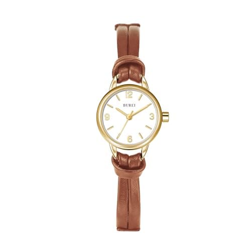 BUREI Mini Reloj analógico de Cuarzo para Mujer con Correa de Piel para Mujer (Marrón Dorado)