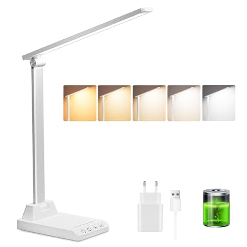 Ylatoial Flexo Escritorio,Lámpara Escritorio con 2500mAh Batería,5 Modos,10 Niveles de Brillo Lámpara Escritorio LED,Flexo Led Escritorio con Luz Nocturna,Función de Temporizador y Memoria,Blanco