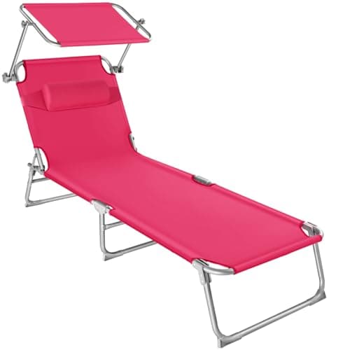 tectake® Tumbona Plegable con Toldo y Respaldo Regulables, para Piscina con Reposacabezas y Parasol, Tumbona Playa Resistente a la Intemperie, Tumbonas Jardín Exterior, Carga Máx. 110 kg - Rosa