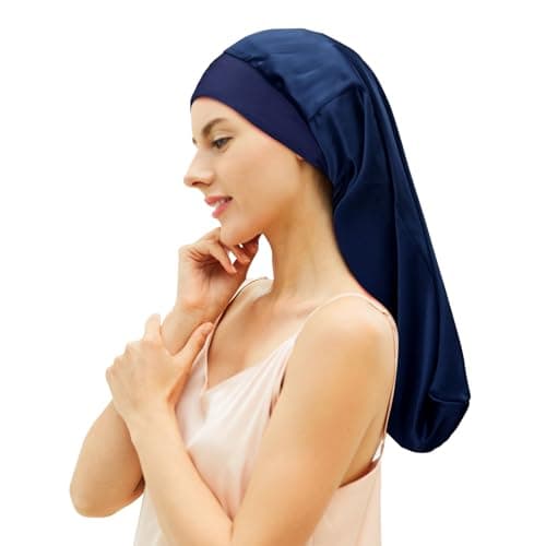 Desmend Gorro Seda Dormir Protege el Cabello, Adecuado para Cabello Largo Que llega hasta la Cintura 32×60cm (1 Pieza Azul Marino)