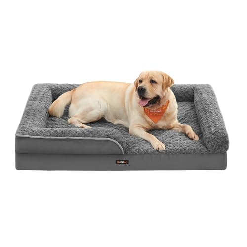 Feandrea Cama Perro Grande, Caseta para Mascotas, Ortopédica con Espuma Corrugada, Bordes Elevados Acolchados, Funda Extraíble Motivo Rosa Peluche, 122 x 89 x 18 cm, Gris Pizarra PGW254G02