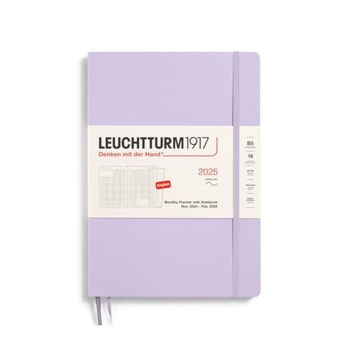 LEUCHTTURM1917 370707 Planificador mensual y cuaderno 2025, Composition B5, tapa blanda, 16 meses, a rayas, morado, inglés