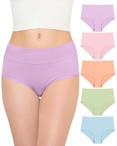 TANSTC Bragas Mujer Algodón Elástico Culotte Cintura Cintura Alta Ropa Interior Cómodas y Suaves Pack de 5, Azul+Verde+Rosa Claro+Rosa Salmón+Púrpura, XS