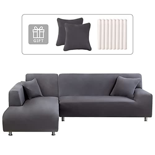 Lydevo Funda para Sofá Chaise Longue 2 Piezas Funda Cubre Sofá de Sofá Rinconera Forma de L Reversible con 2 Fundas de Almohada Elásticas Protector para Sofá Esquinero Derecho Izquierda,Gris