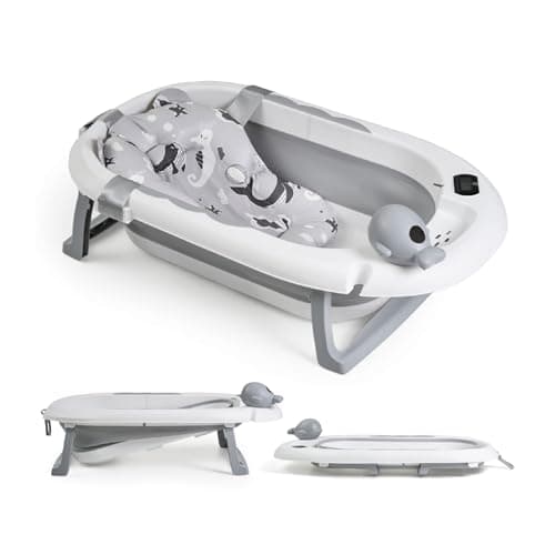 Buddy Baby - Bañera Plegable BebéSplash con Temperatura - Desde 0 meses - Cojín reductor extraíble - Base antideslizante - Tapón desagüe - Diseño compacto y portátil - Regadera ballena