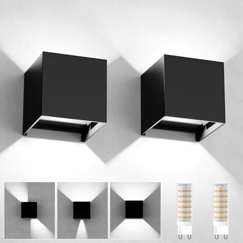 YrgePowk 2 Piezas Aplique Pared Interior/Exterior, Lampara de pared Con G9 LED Bombillas Reemplazables 9W 6000K Blanco Frío, Aplique Pared Exterior Impermeable IP65 Ángulo de haz Ajustable Negro