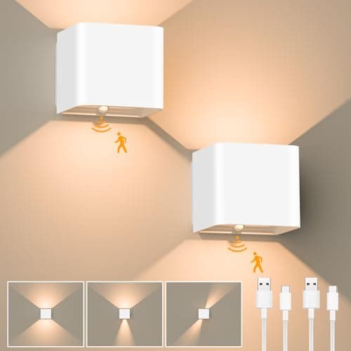 GuKKK Aplique de Pared Interior Con Sensor de Movimiento, 2 Piezas Inalámbrico Recargable, Blanco Cálido 3000K, Ángulo de Haz Regulable (Blanco)